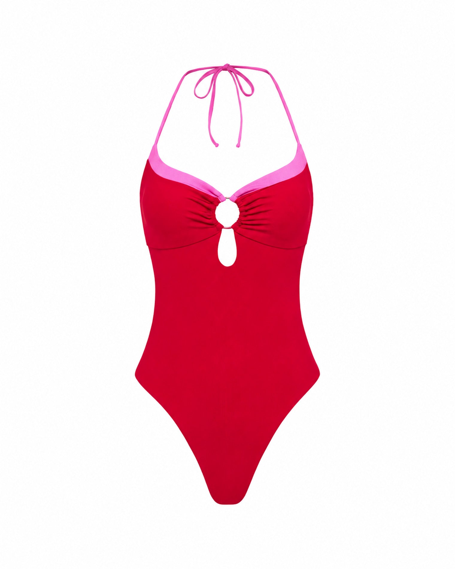 Red swimsuit with pink straps on a white background