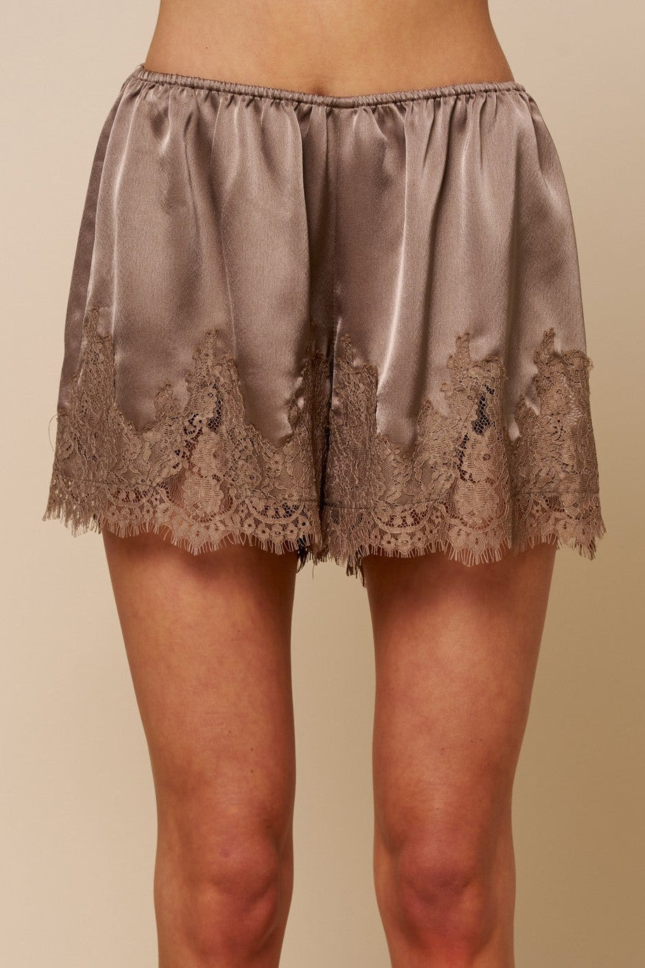 Golden Trip Satin Lace Trim Shorts in Mocha