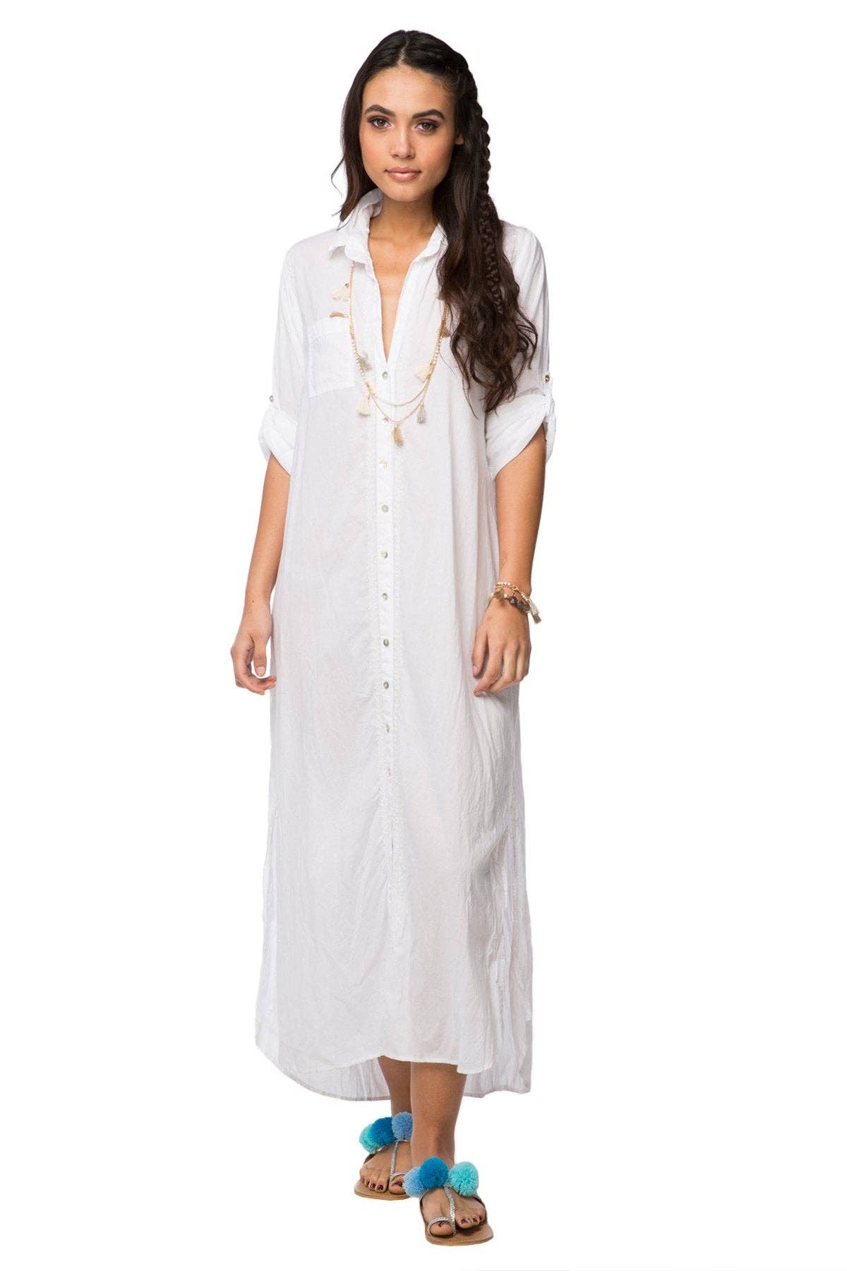Maxi Boyfriend Cotton Dress in White Embroidery: White