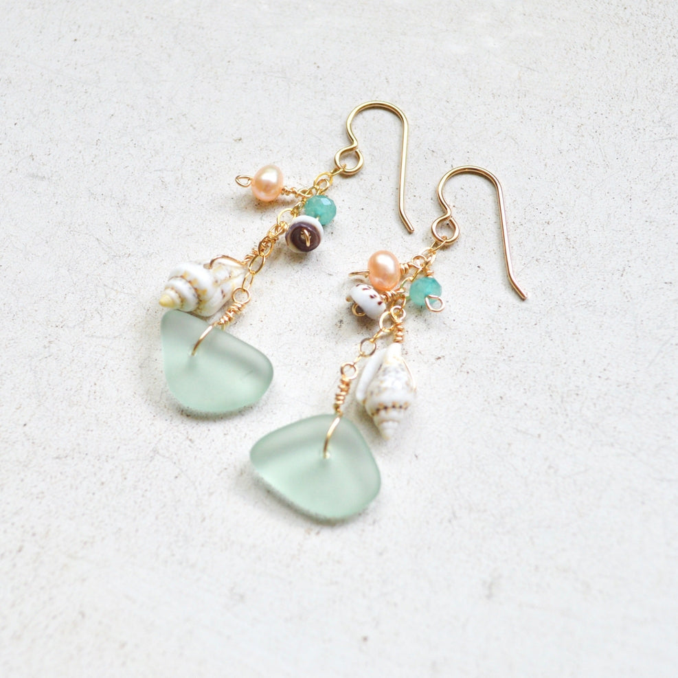 Salty But Sweet Sea Foam Glass and Puka Shell Earrings