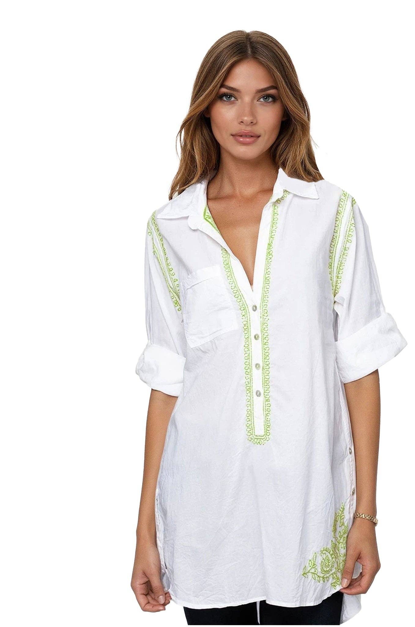 Boyfriend White Cotton Shirt with Hand Stitch Embroideries Sunshine Colors: Lemon / S/M / Boyfriend Shirt