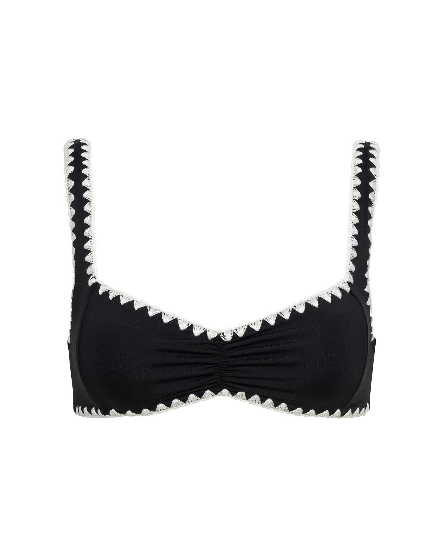 Black bikini top with white trim on a white background