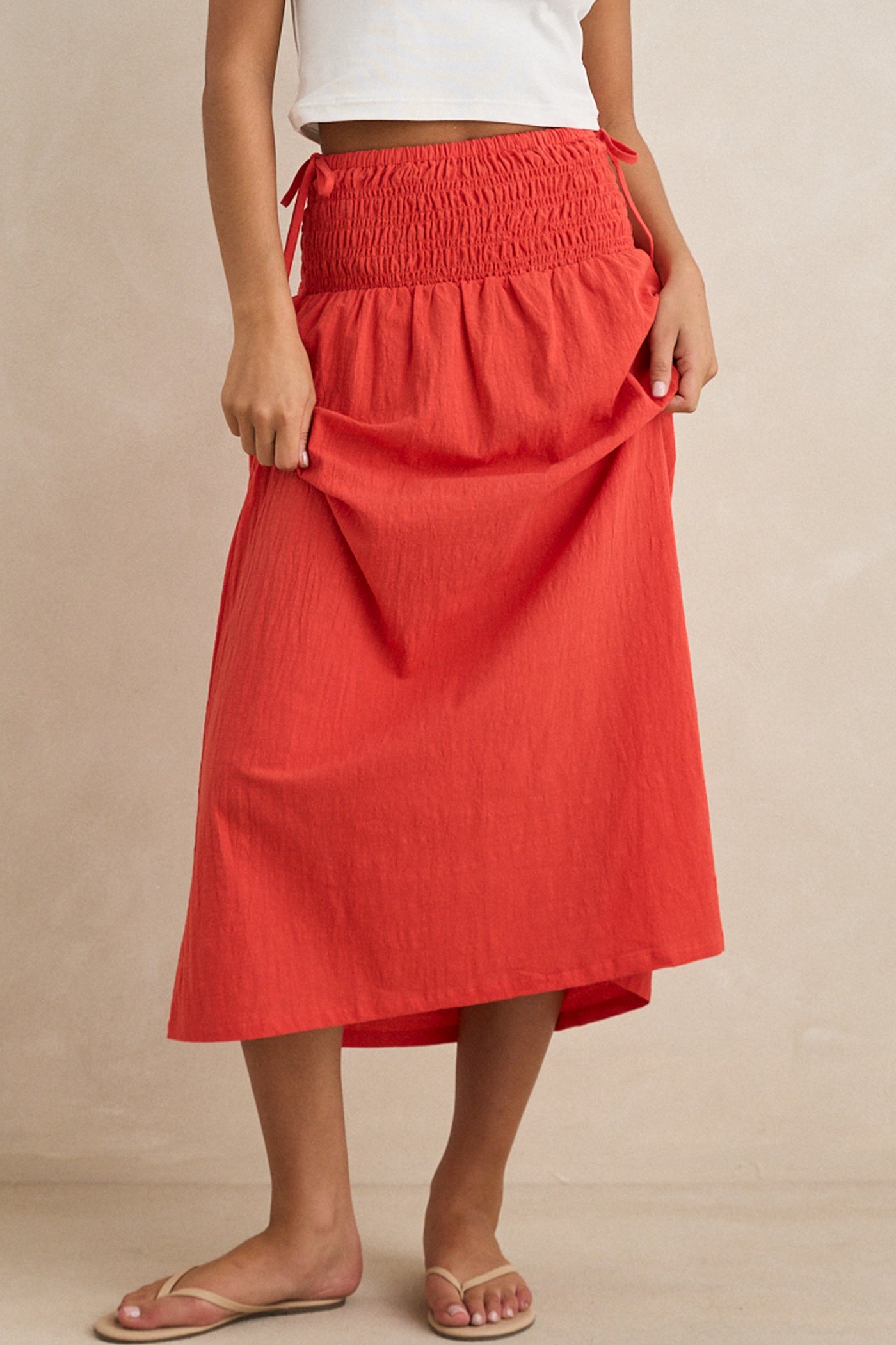 Rhythm Alana Tie Side Maxi Skirt in Red - Front View | BikiniBird