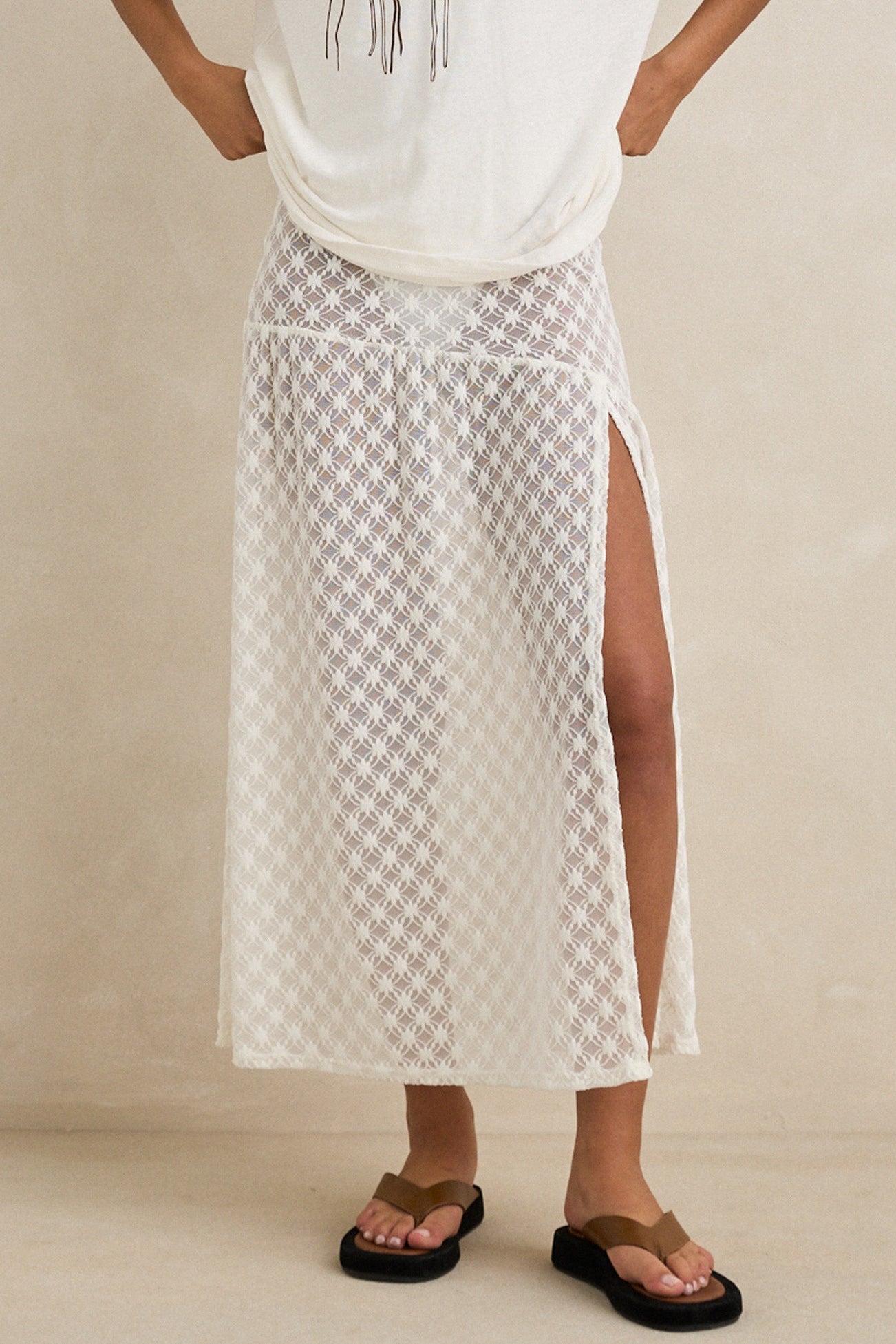 Rhythm Gigi Lace Maxi Skirt in White - Front View | BikiniBird