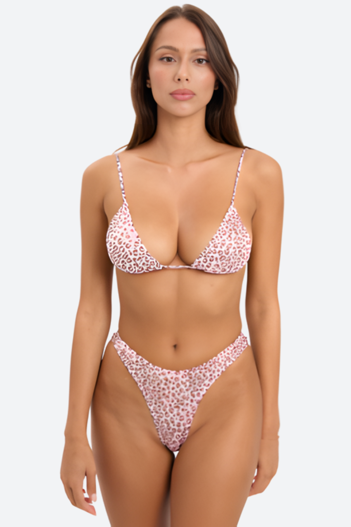 Sea by Seashell - Rosalyn Triangle Bikini Top & Morgan Cheeky Bikini Bottom in Pink Leopard - Front View | BikiniBird