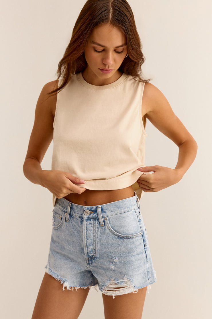 Z Supply - Classic Hi-Rise Denim Shorts in Sun Bleached Indigo - Close Up | BikiniBird