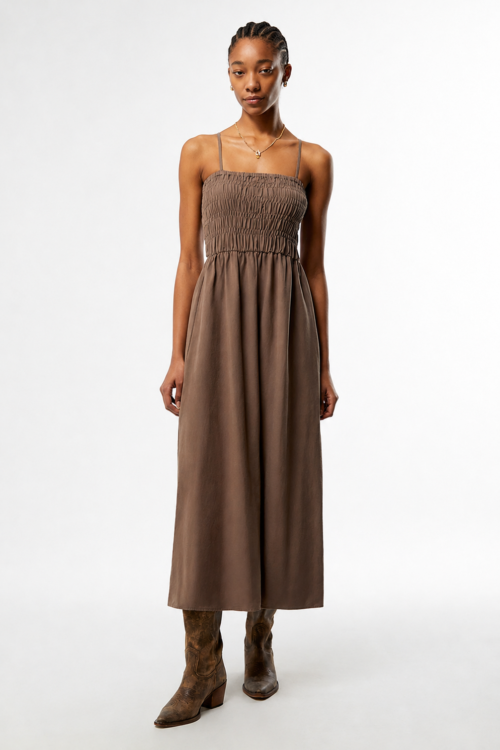 Rhythm Classic Shirred Midi Dress in Taupe