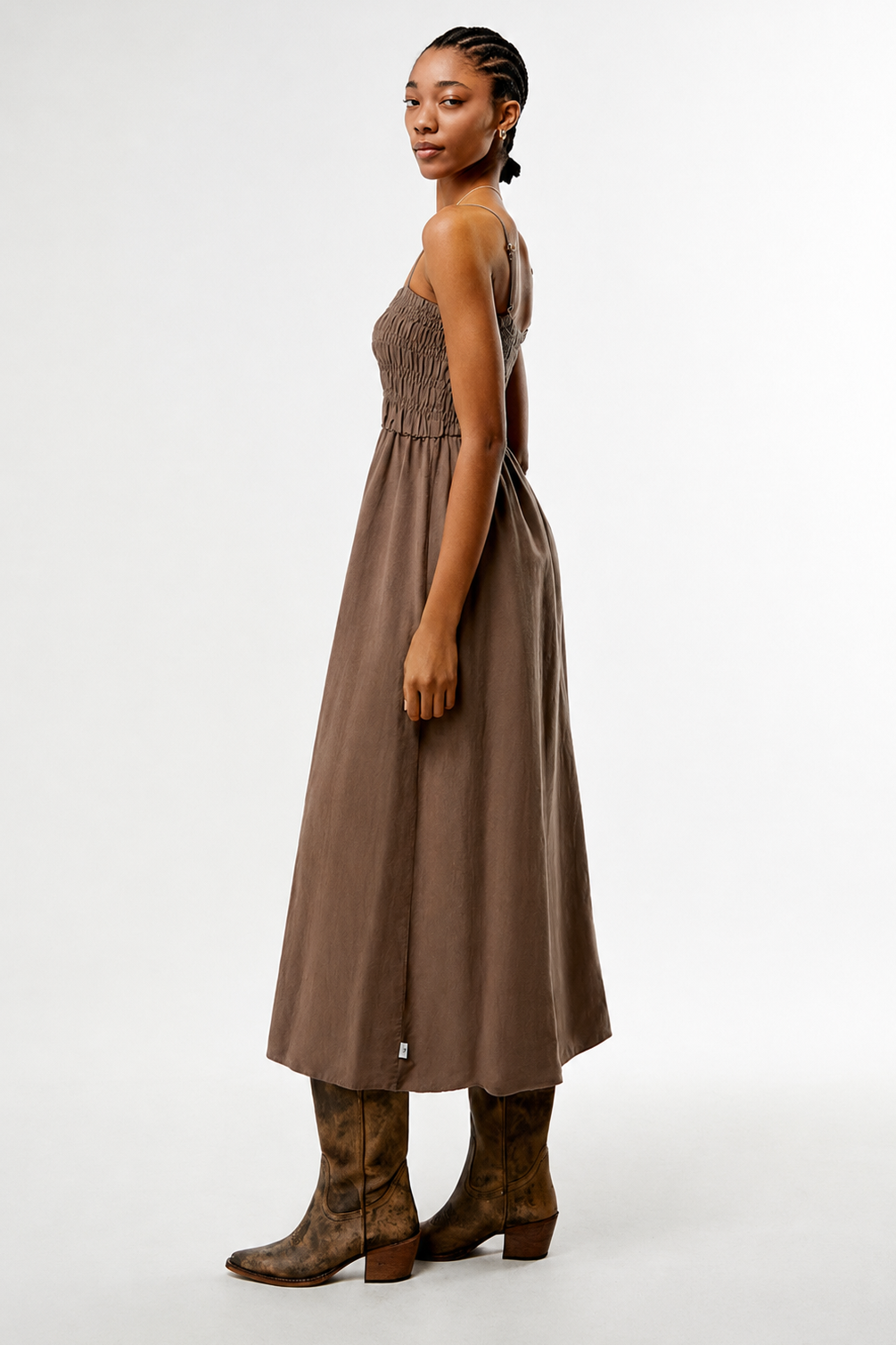 Rhythm Classic Shirred Midi Dress in Taupe
