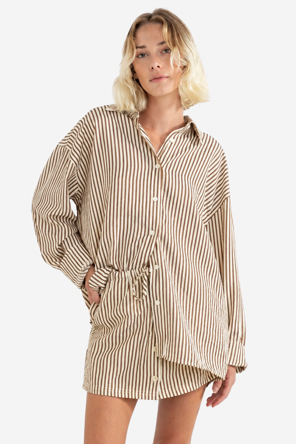 Rhythm Cove Stripe Oversized Long Sleeve Shirt in Natural