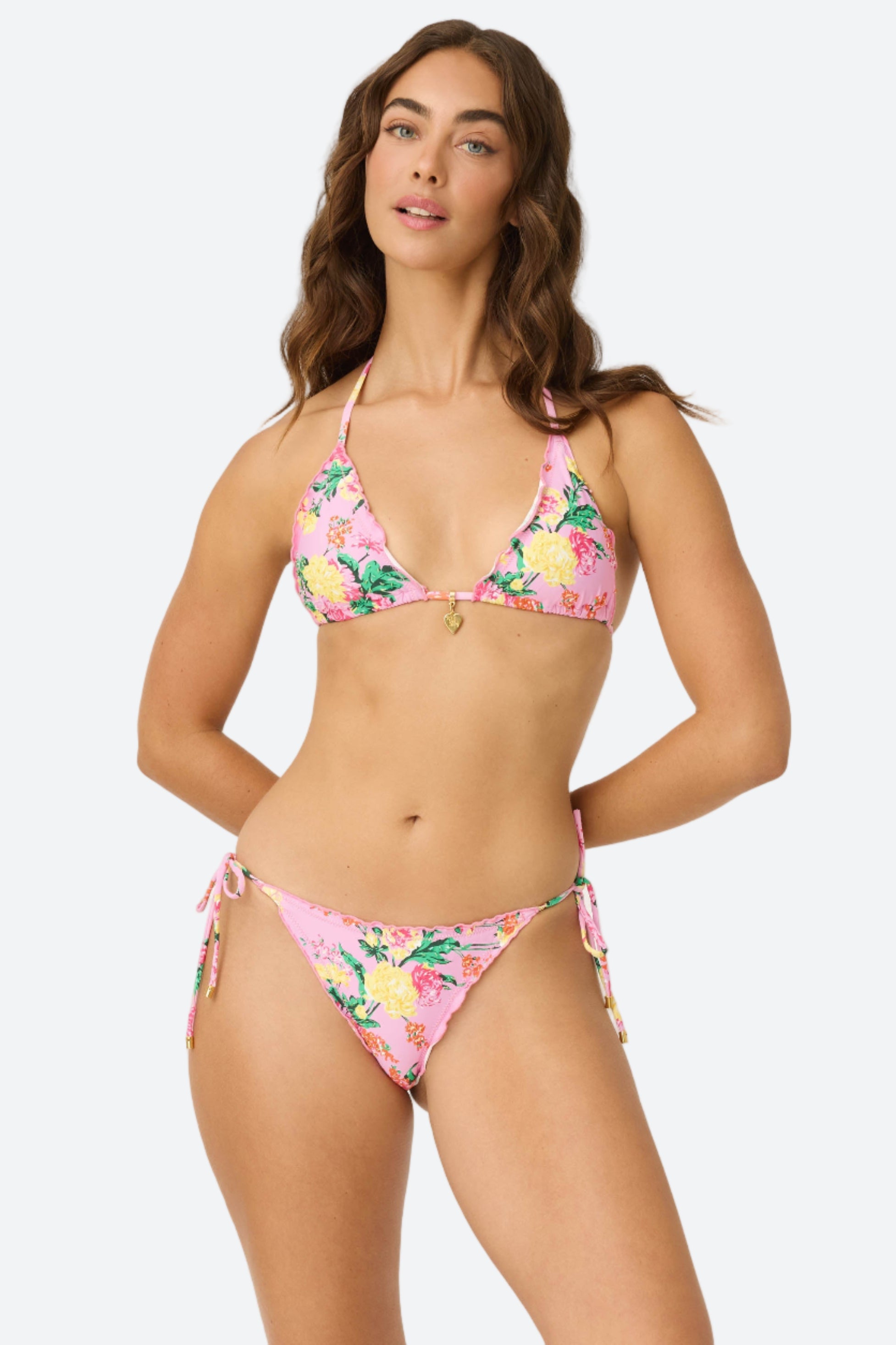 PQ Swim Embroidered Lettuce Edge Triangle Top in Dahlia