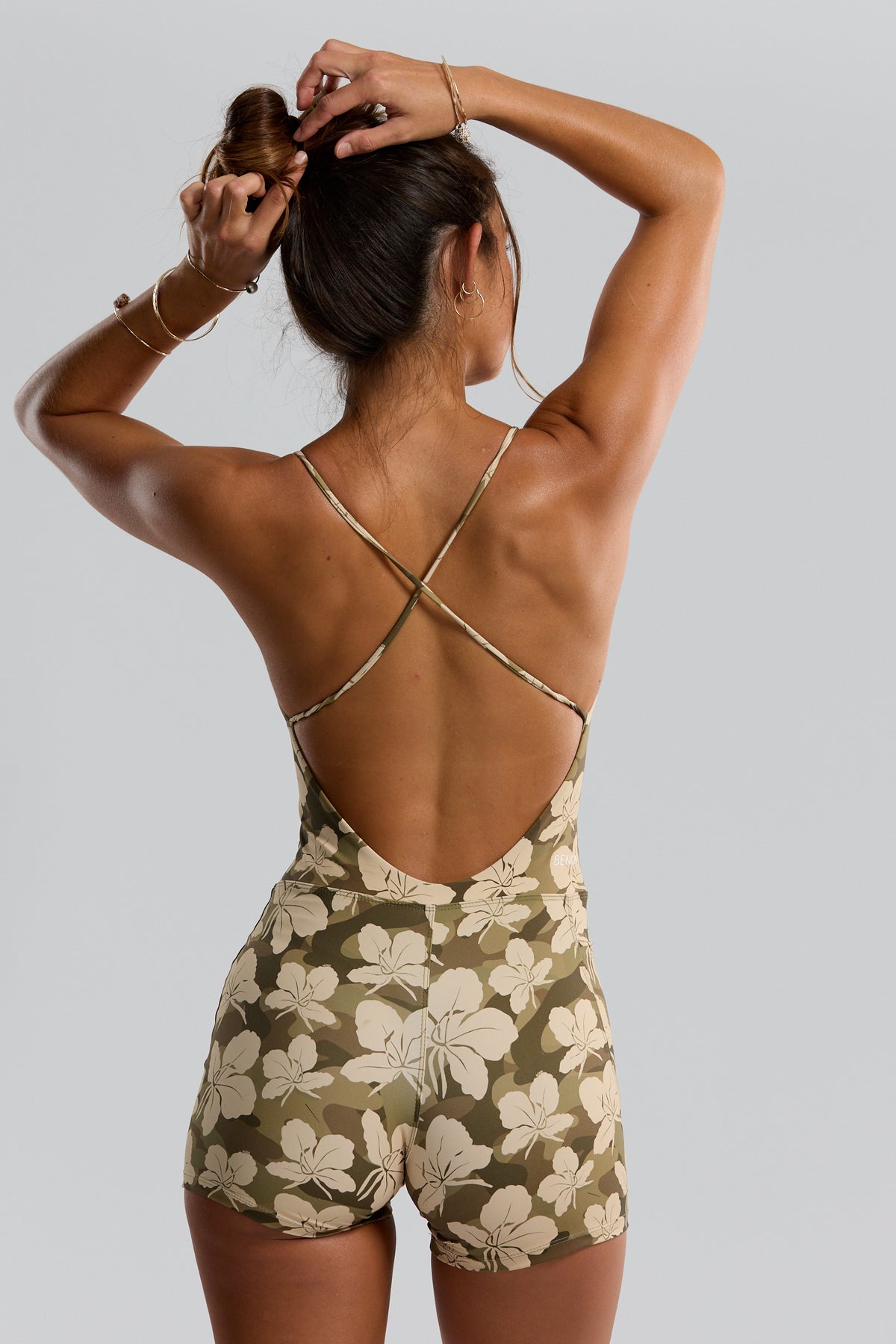 Benoa Swim Cross Back Romper in Camo Ginger