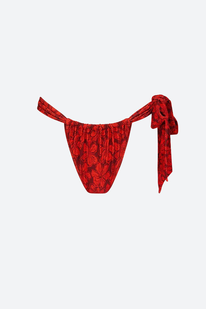 Kulani Kinis Soft Tie Ruched Thong Bikini Bottom in Sassy Sangria, front view | Bikinibird
