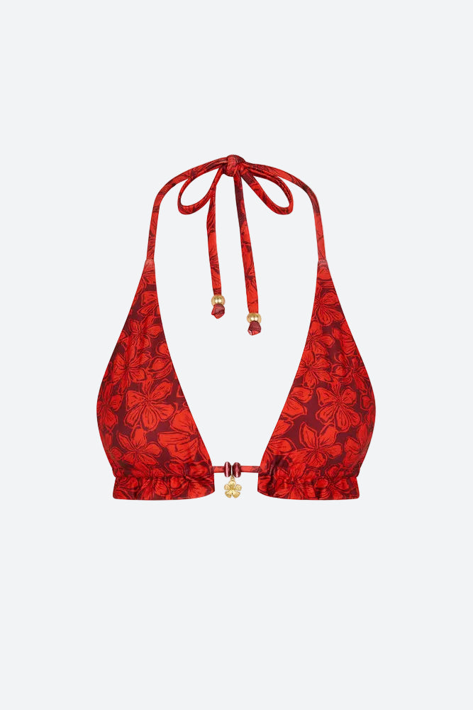 Kulani Kinis Frill Halter Bralette Bikini Top in Sassy Sangria, front view | Bikinibird