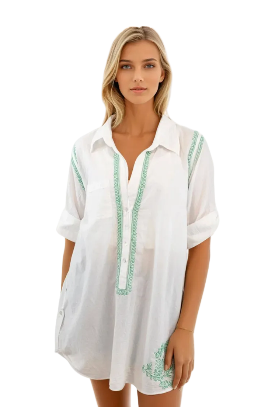 Subtle Luxury Boyfriend White Cotton Shirt with Hand Stitch Embroideries Sunshine Colors in Lemon Boyfriend Shir | Bikinibird