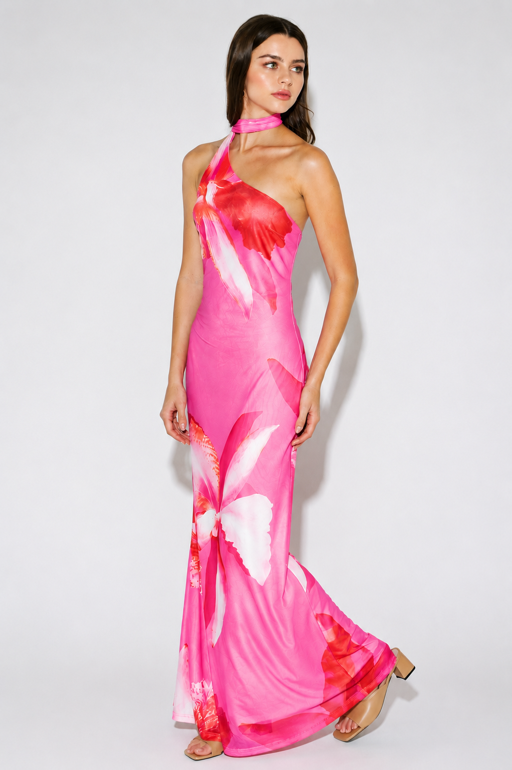 Golden Trip Floral Halter Maxi Dress w/ Scarf