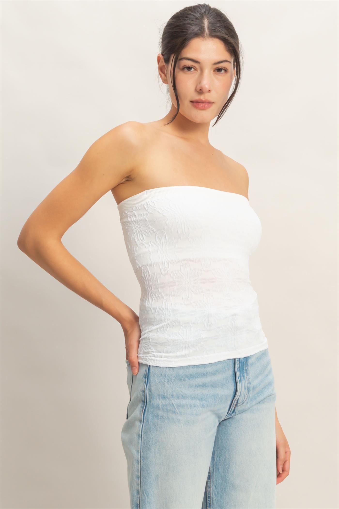 Golden Trip Strapless Jacquard Top