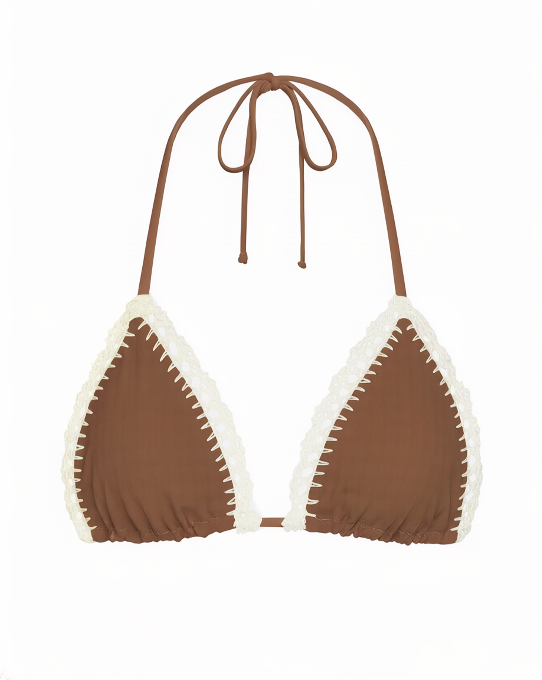 Brown and white bikini top with halter straps on a white background