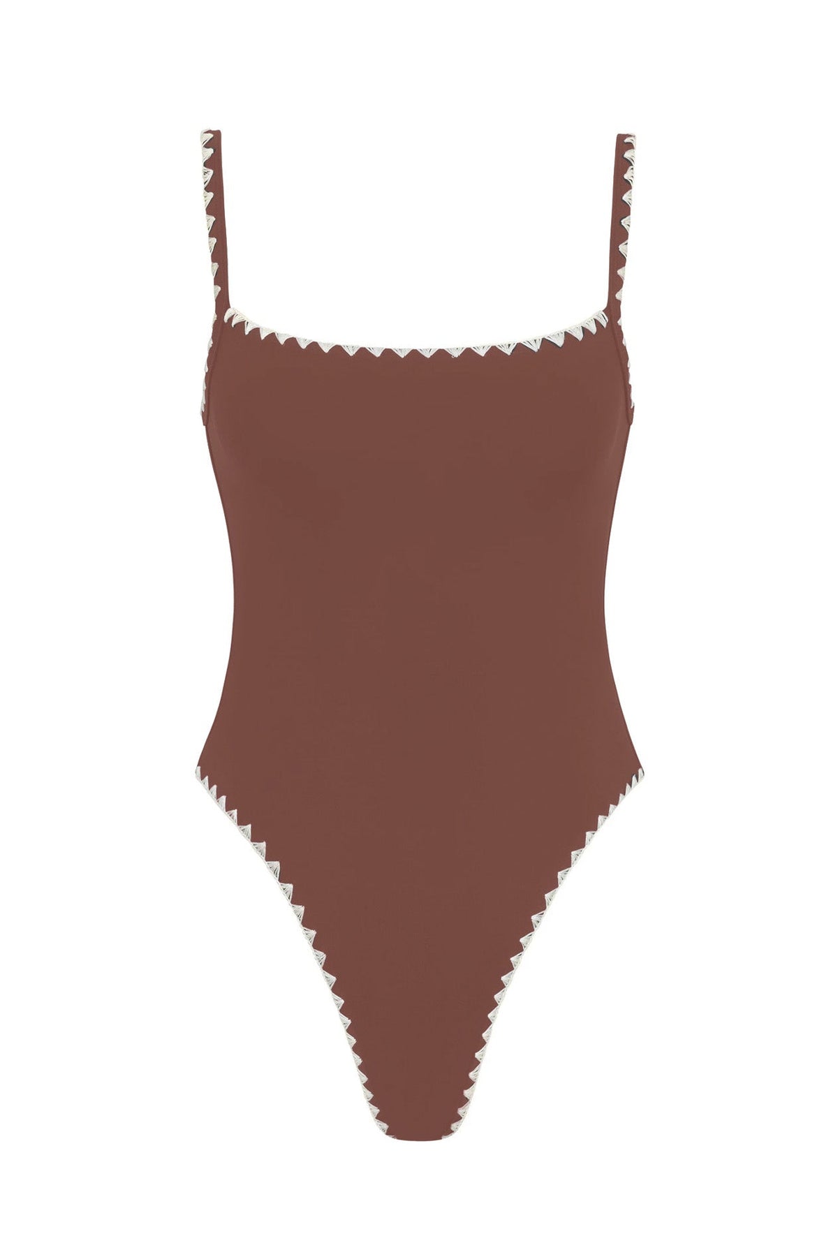 Brown swimsuit with white trim on a white background