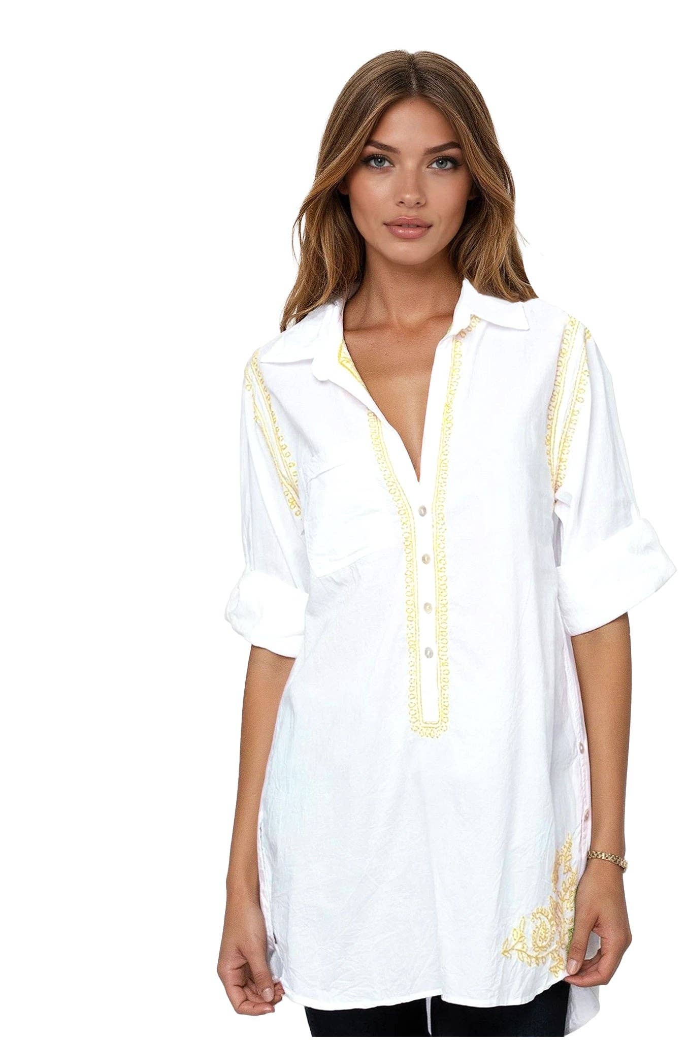 Subtle Luxury Boyfriend White Cotton Shirt with Hand Stitch Embroideries Sunshine Colors in Lemon Boyfriend Shir | Bikinibird