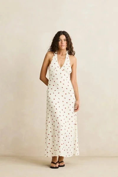 Rhythm Mila Floral Halter Neck Maxi Dress in Cream