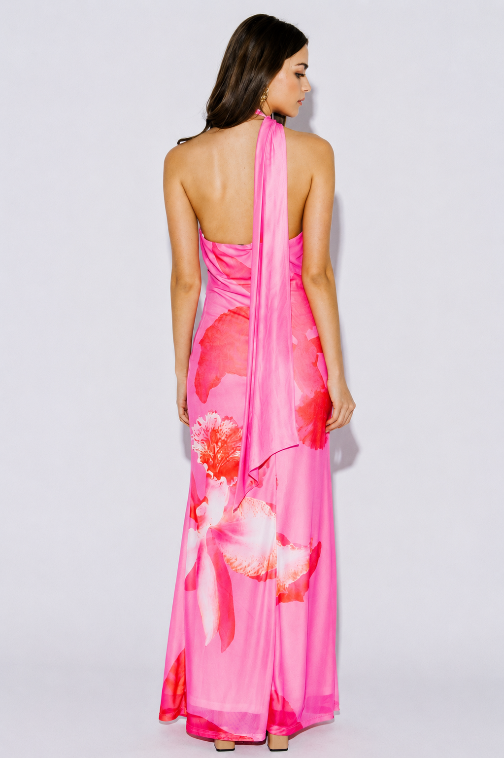 Golden Trip Floral Halter Maxi Dress w/ Scarf