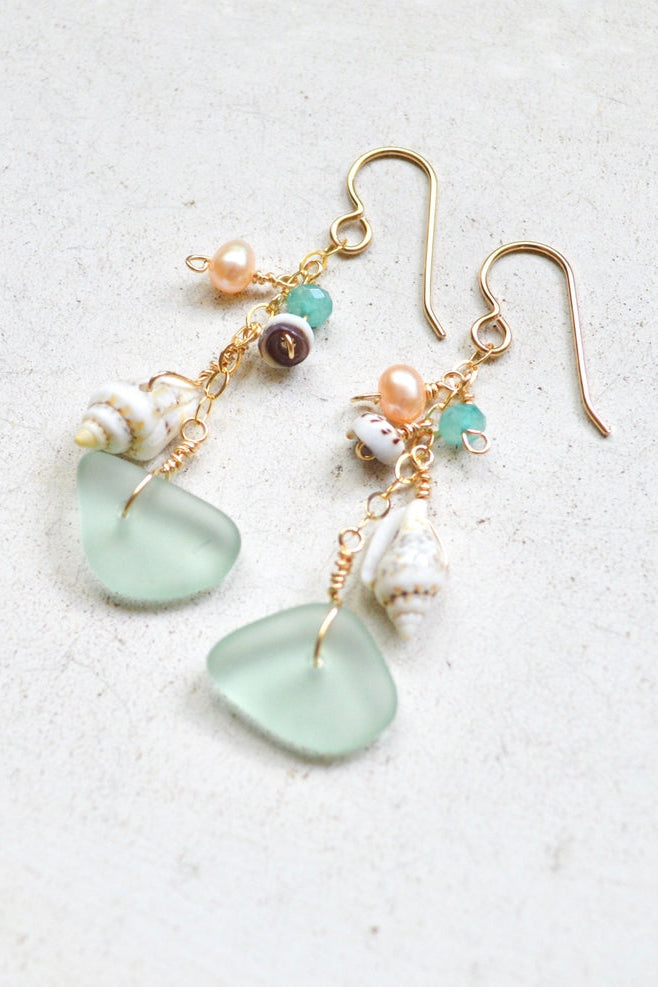 Salty But Sweet Sea Foam Glass and Puka Shell Earrings