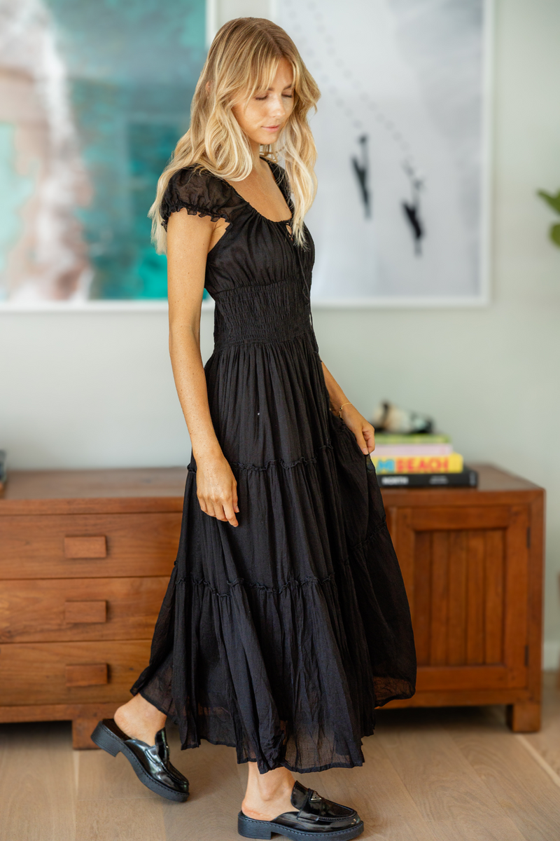 Golden Trip Cotton Gauze Long Dress in Black