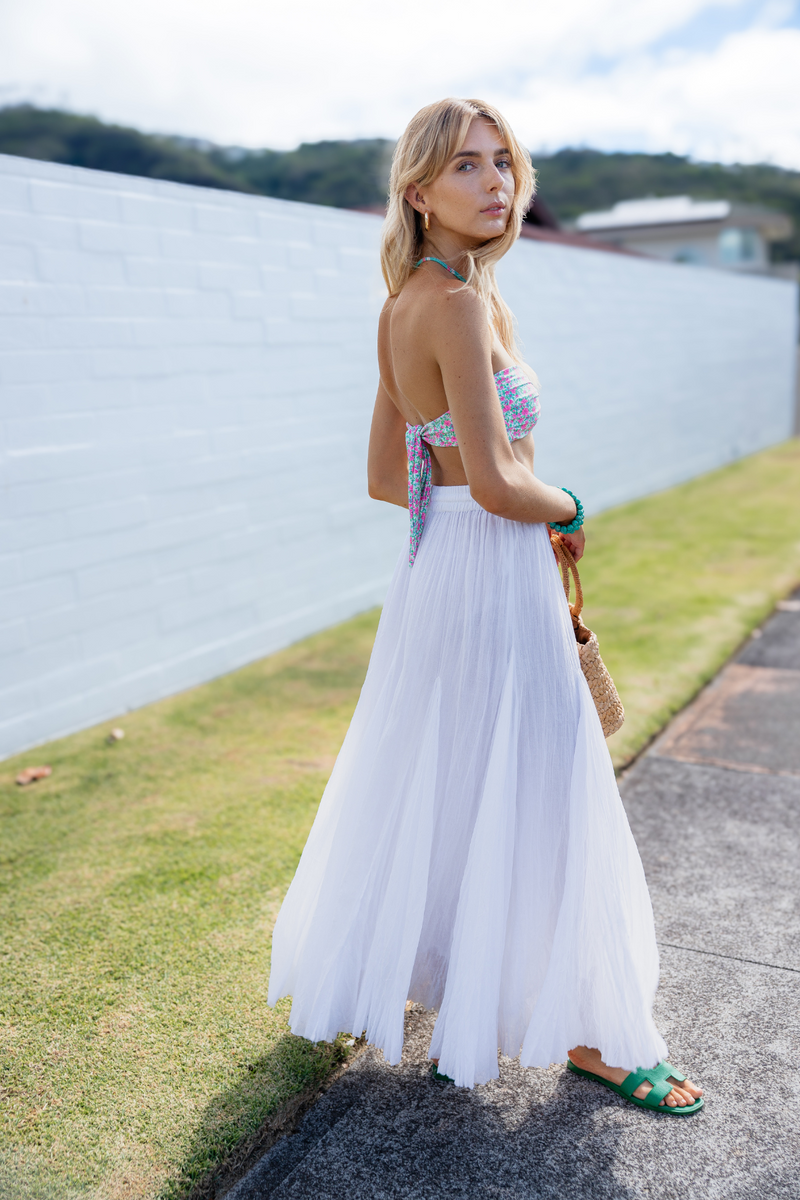 Golden Trip Cotton Long Flare Skirt in White