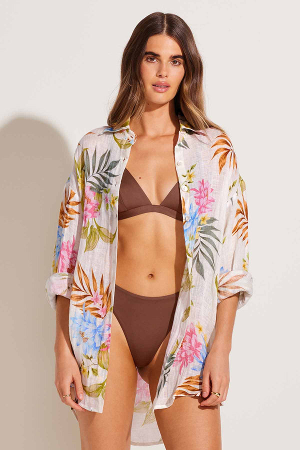 Vitamin A Playa Linen Boyfriend Shirt in Summer Bloom