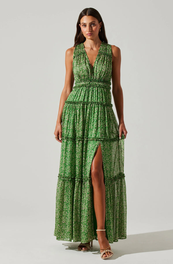 Astr the Label Edessa Tiered Ruffle Maxi Dress in Green Pink Floral