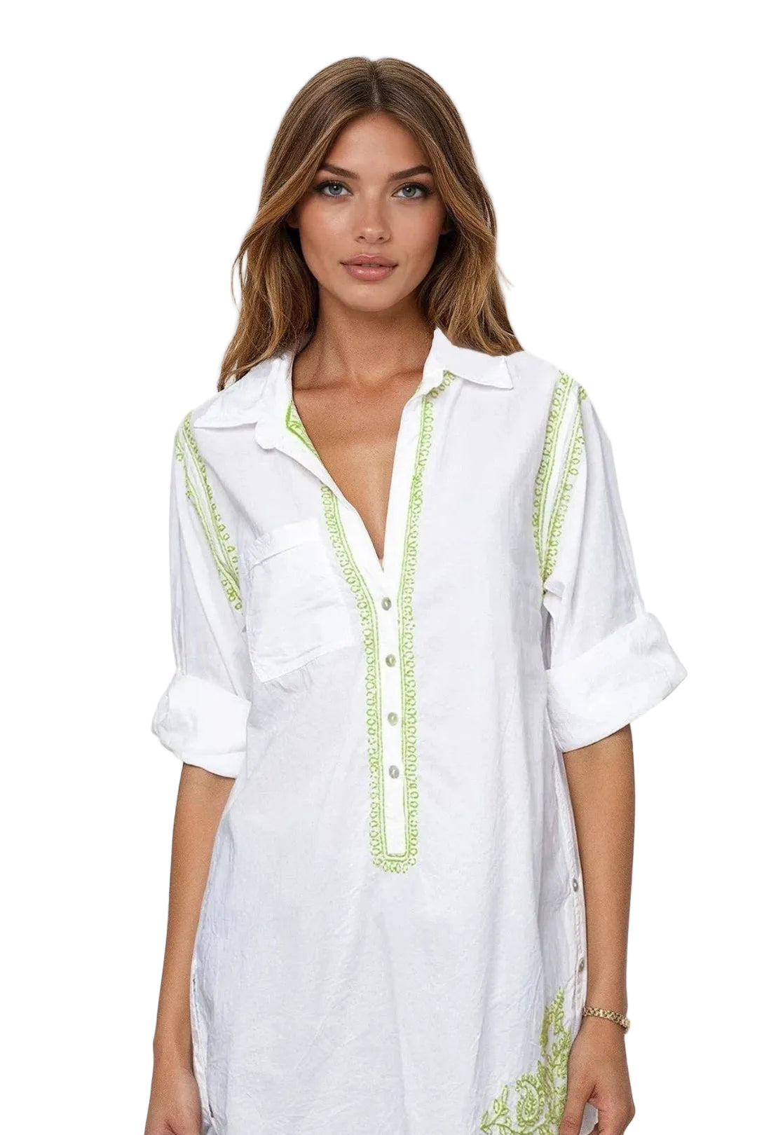 Subtle Luxury Boyfriend White Cotton Shirt with Hand Stitch Embroideries Sunshine Colors in Lemon Boyfriend Shir | Bikinibird
