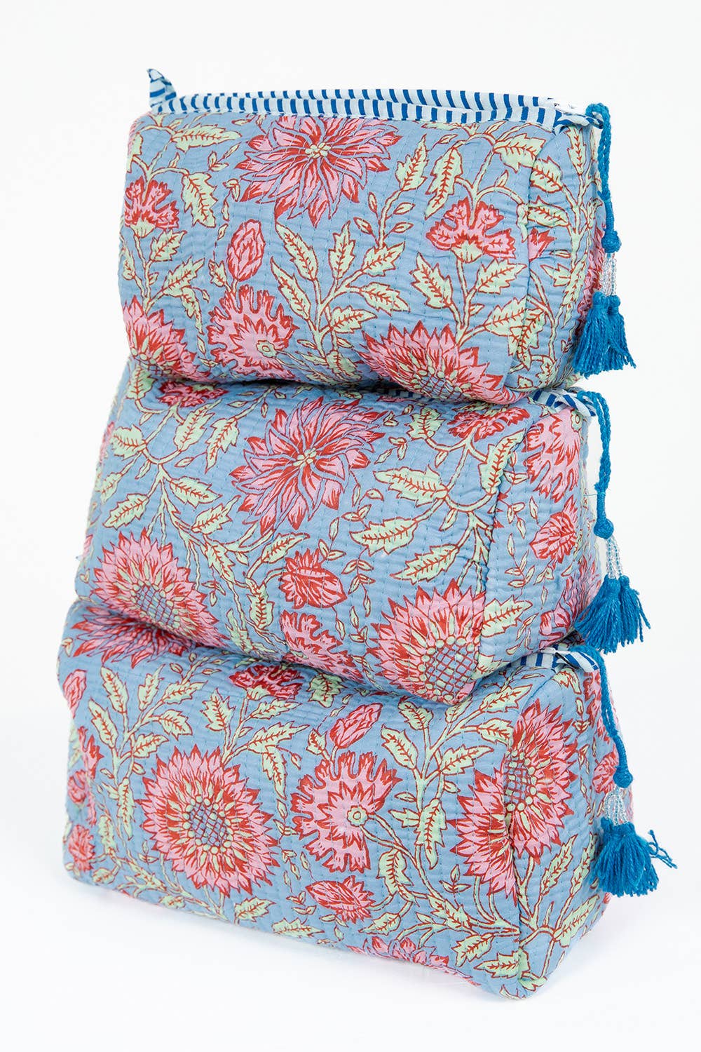 LA Soul Light Blue w/  Floral print Quilted Cotton Toiletry Bag Set
