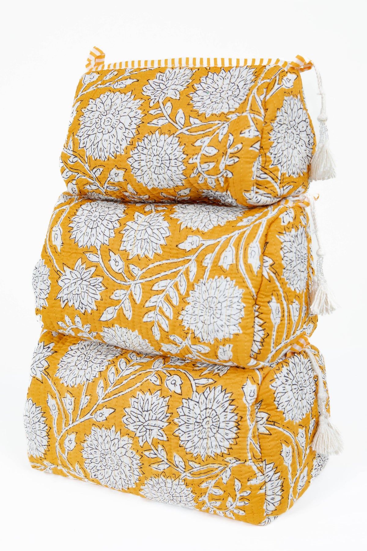 LA Soul Yellow Floral print Quilted Cotton Toiletry Bag Set
