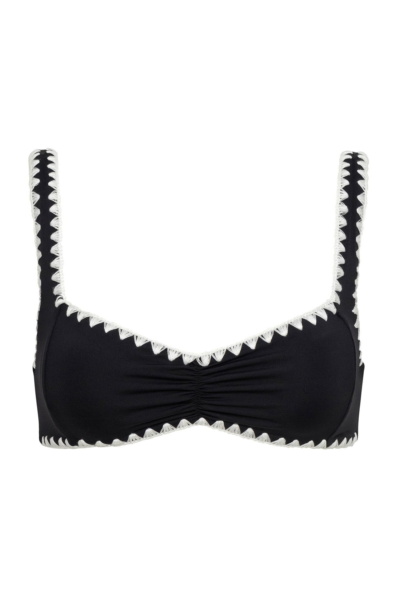 Black bikini top with white trim on a white background