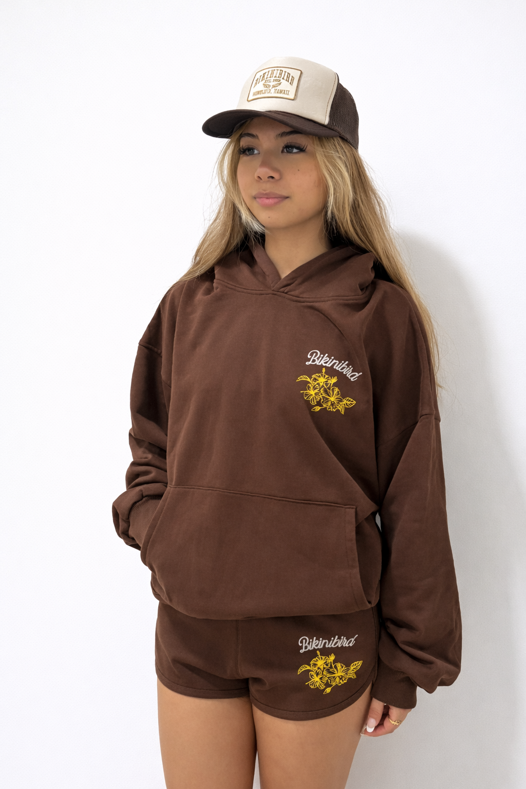 Pick Flowers Hoodie & Fleece Shorts in Mocha - Front View | BikiniBird