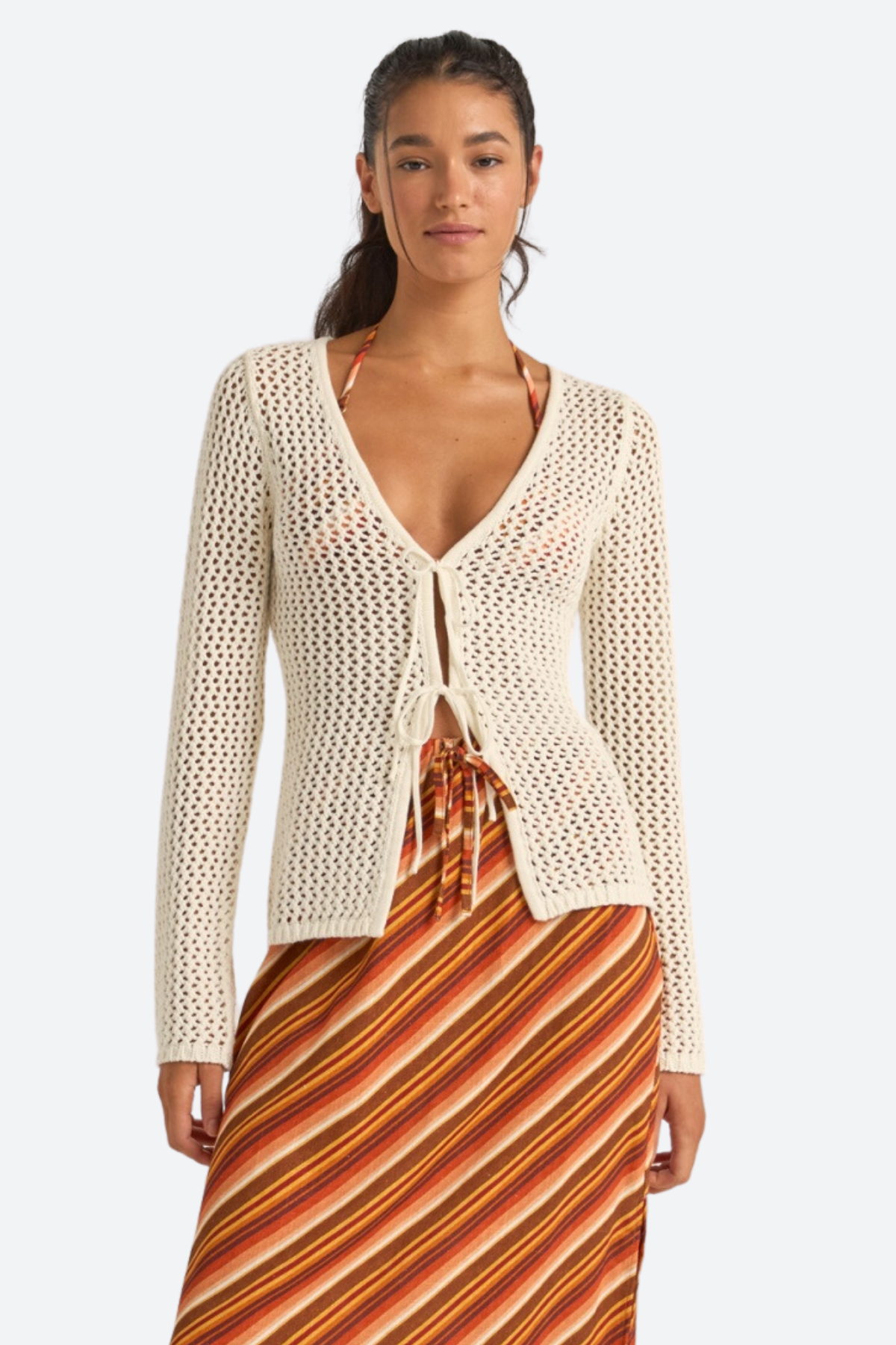 Rhythm - Seashell Long Sleeve Tie Front Top in White - Front View | BikiniBird