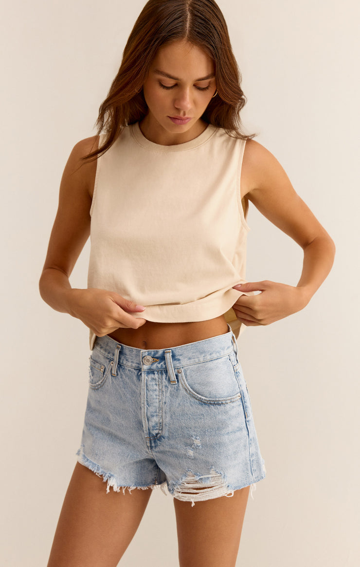 Z Supply - Classic Hi-Rise Denim Shorts in Sun Bleached Indigo - Close Up | BikiniBird