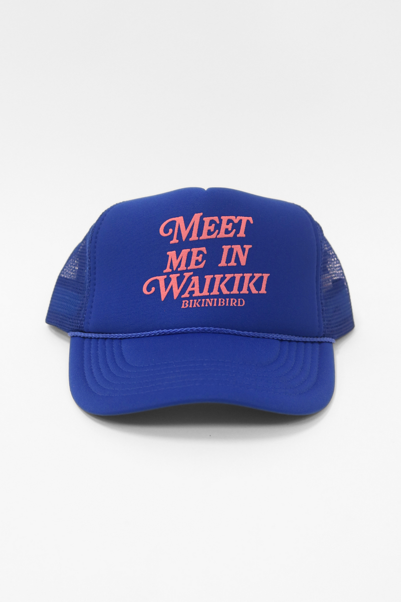 Bikinibird Meet Me in Waikiki Trucker Hat in Blue/Pink