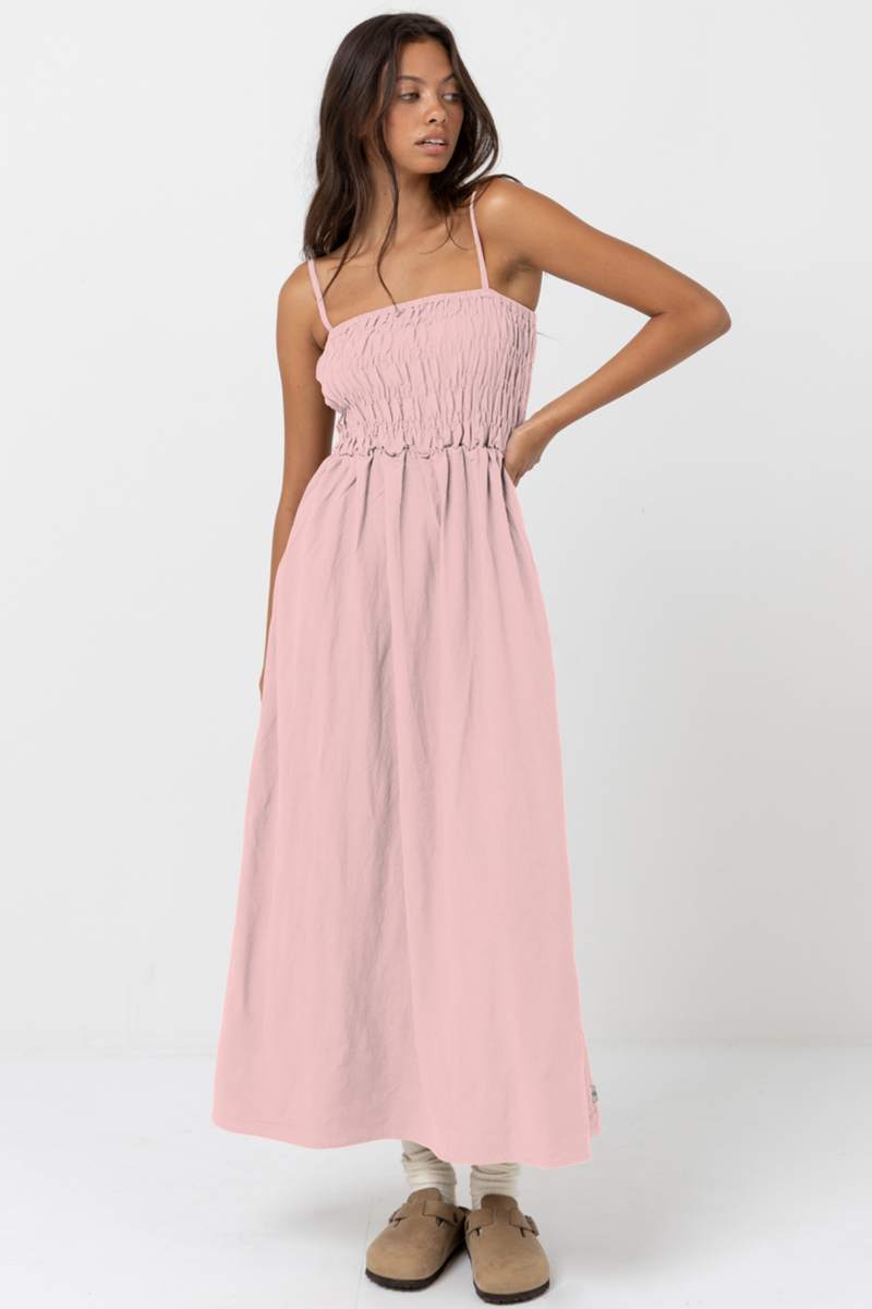 Rhythm Classic Shirred Midi Dress in Rose