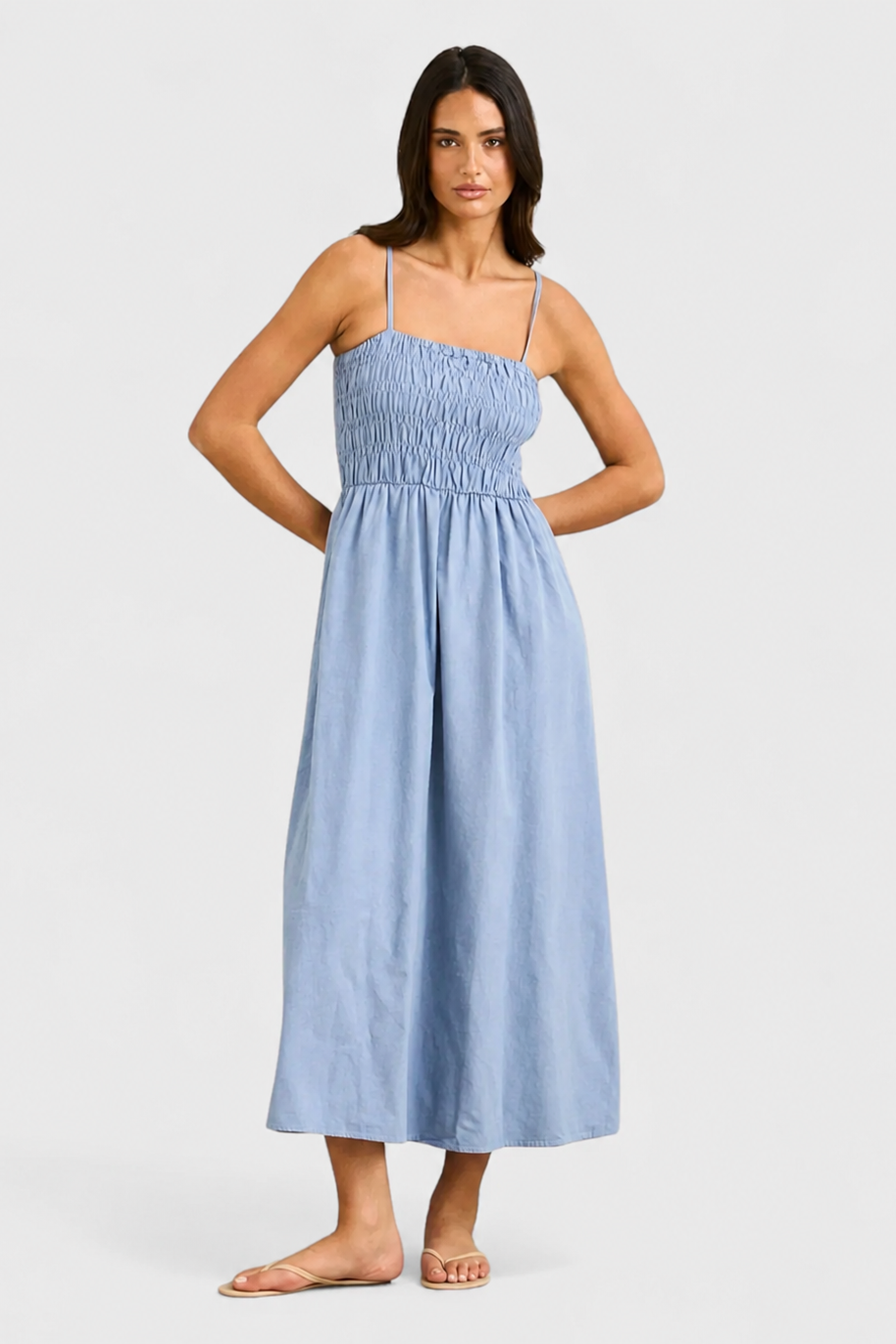 Rhythm Classic Shirred Midi Dress in Steel Blue