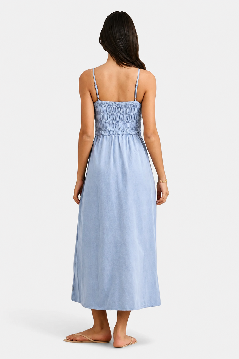 Rhythm Classic Shirred Midi Dress in Steel Blue