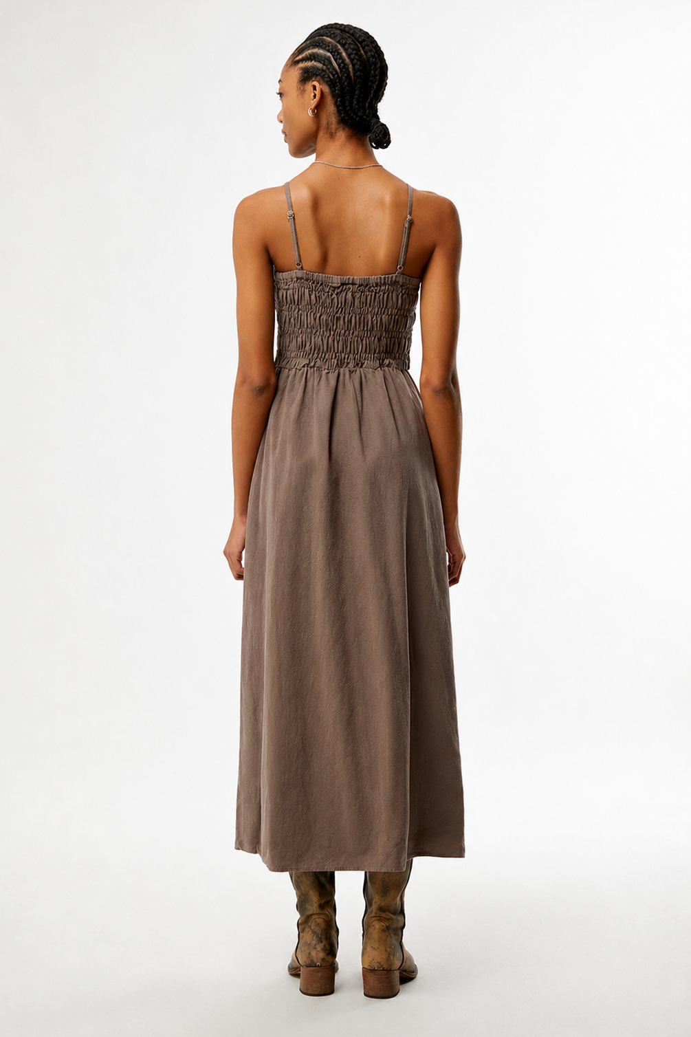 Rhythm Classic Shirred Midi Dress in Taupe
