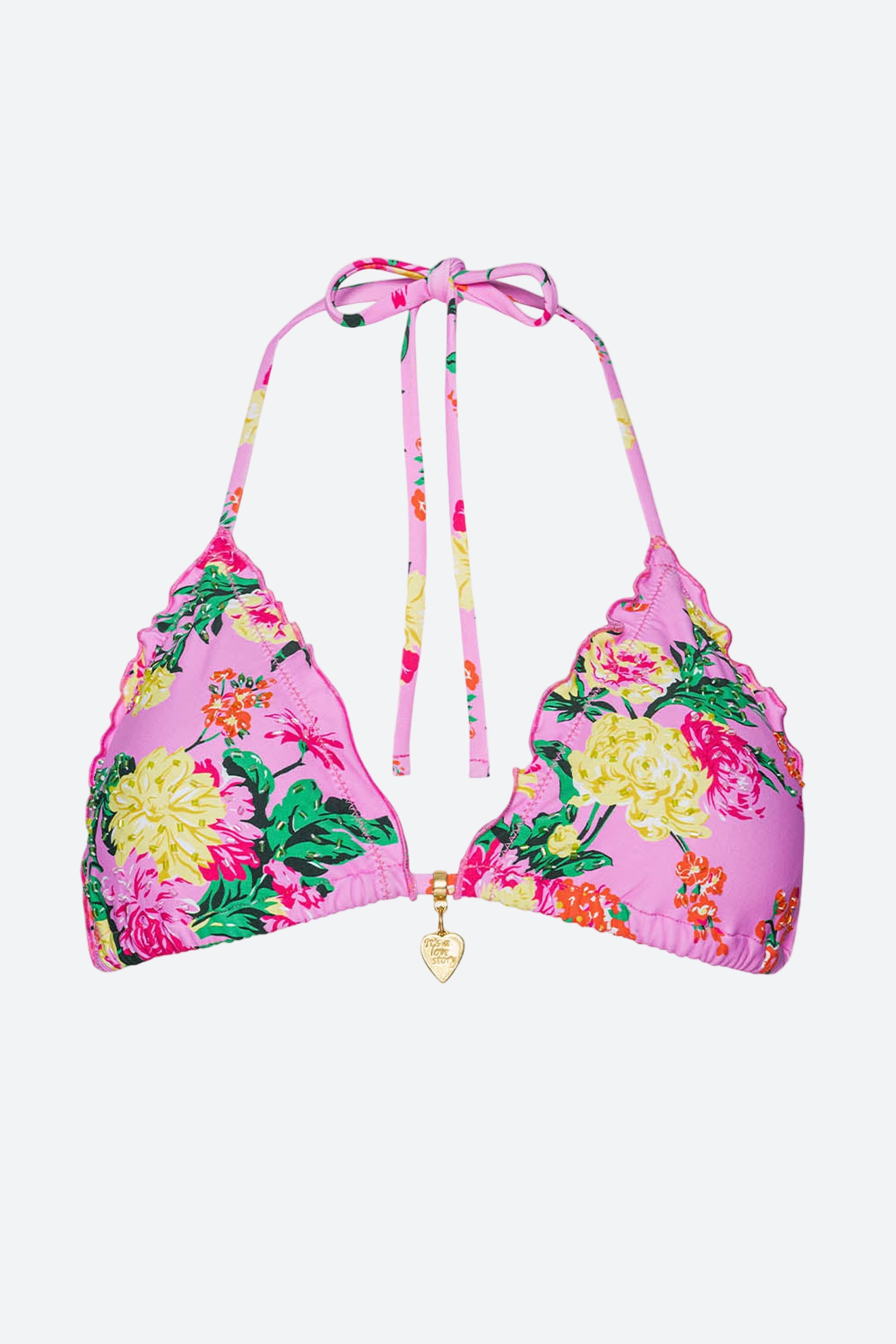 PQ Swim Embroidered Lettuce Edge Triangle Top in Dahlia