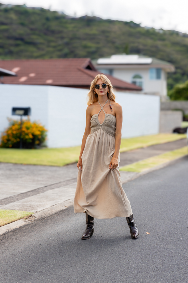 Golden Trip Washed Gauze with Crochet Top Contrast Dress in Sand