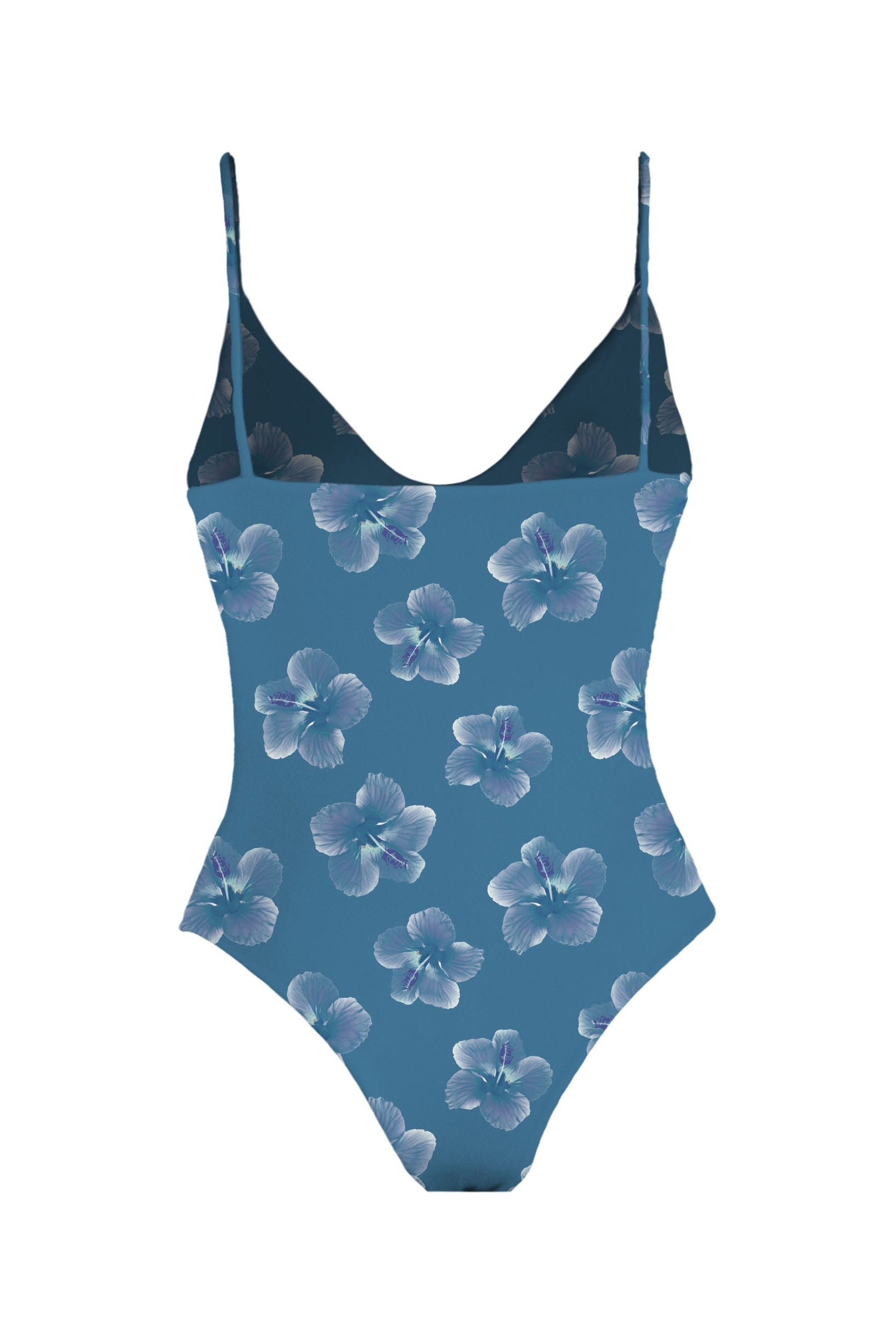 MAI Underwear Everyday Bodysuit in Steel Blue Hibiscus, back view | Bikinibird