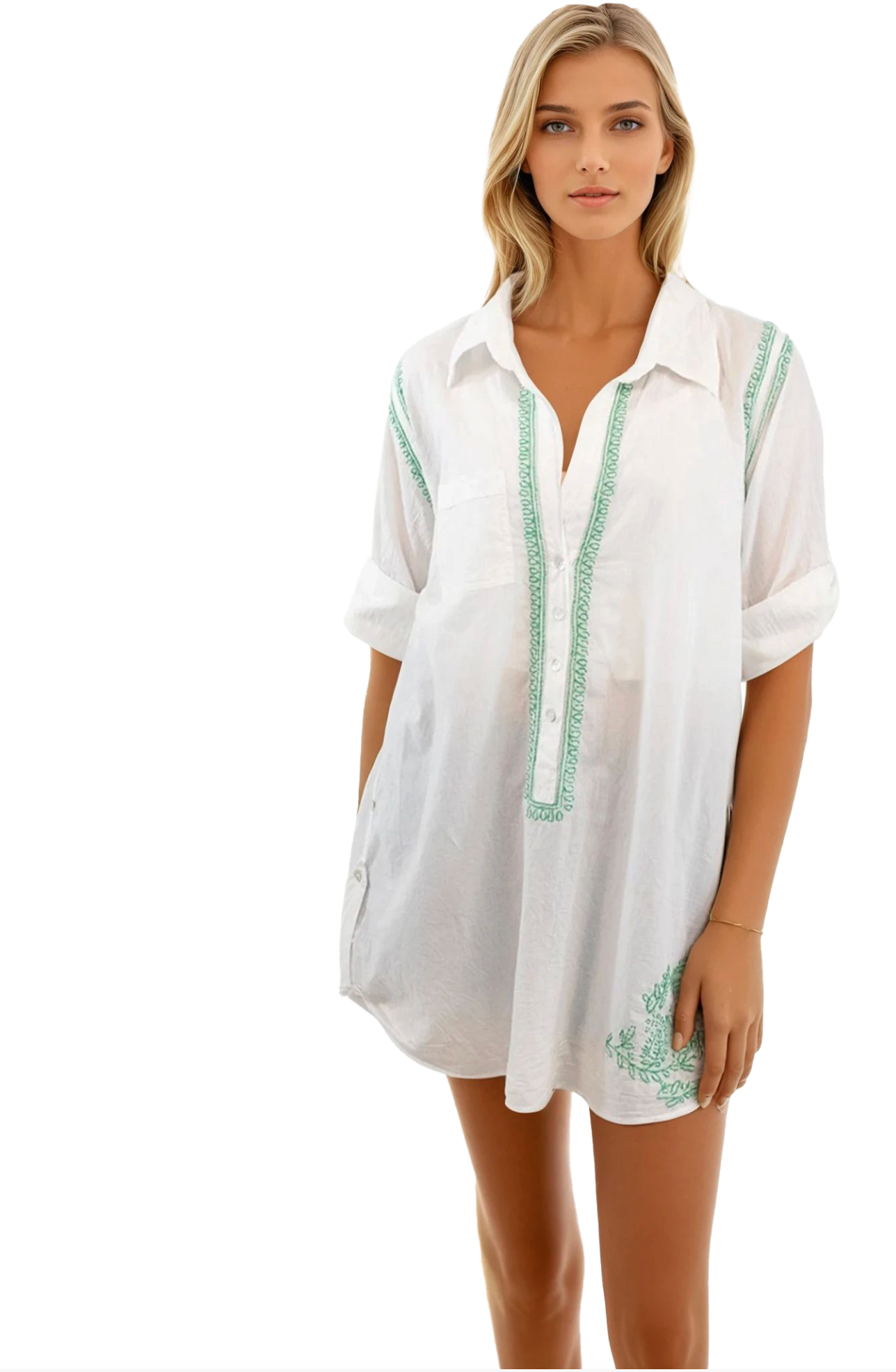 Subtle Luxury Boyfriend White Cotton Shirt with Hand Stitch Embroideries Sunshine Colors in Lemon Boyfriend Shir | Bikinibird