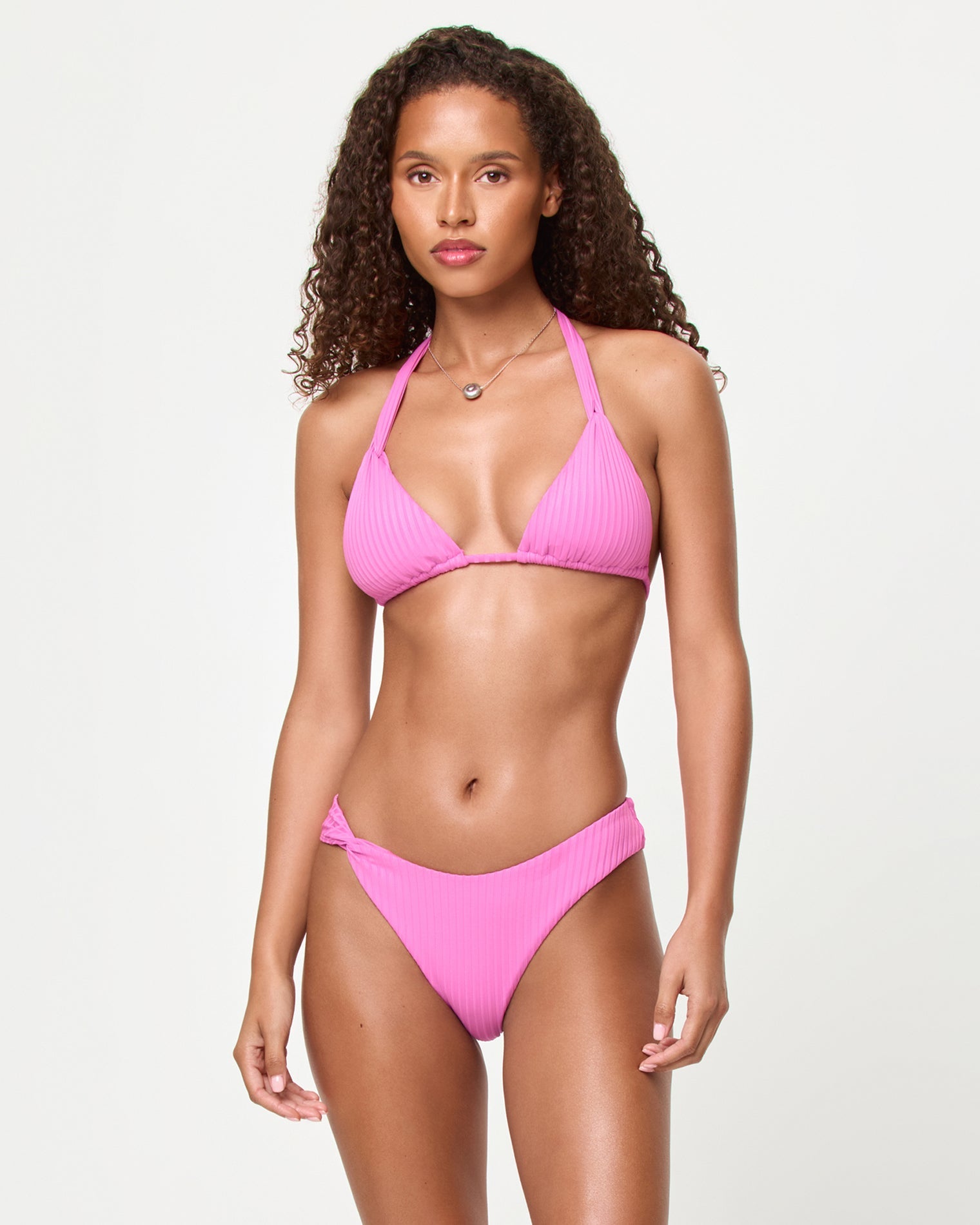 Sweetheart | Badge:New Arrival_#B2AC88_#ffffff'
front-view of bright pink ribbed triangle bikini top and bottom