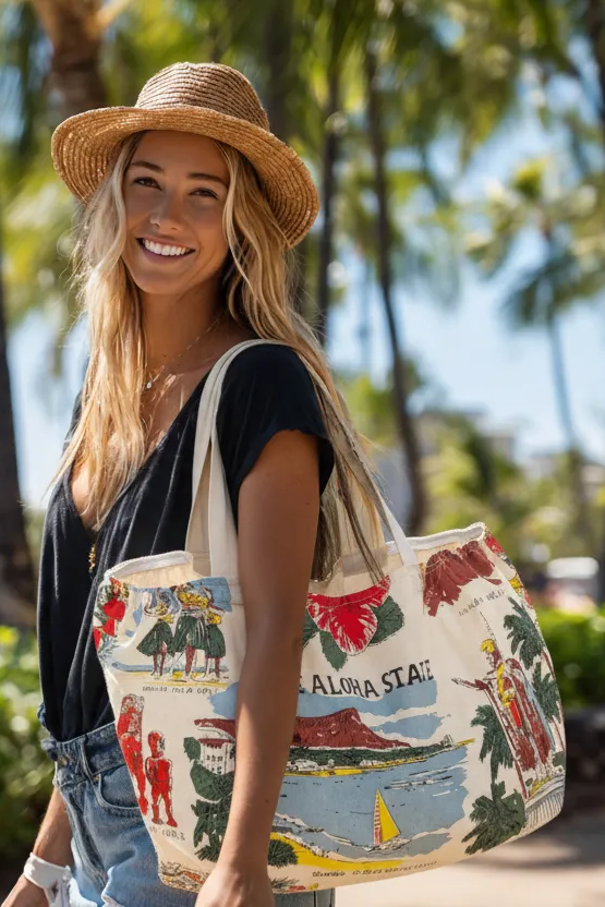 Vintage-Style Hawaiian Islands Large Tote Bag