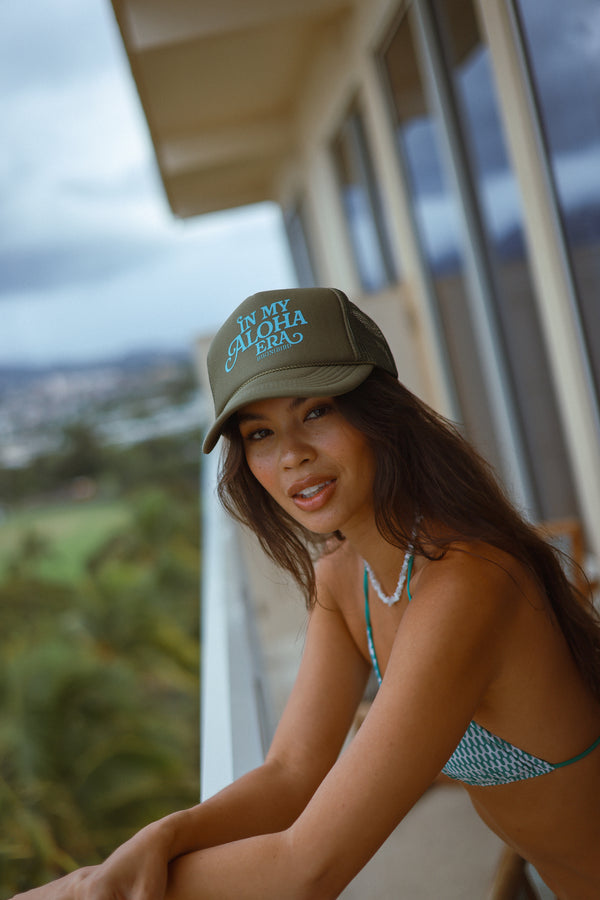 Bikinibird In My Aloha Era Trucker Hat in Olive/Sky