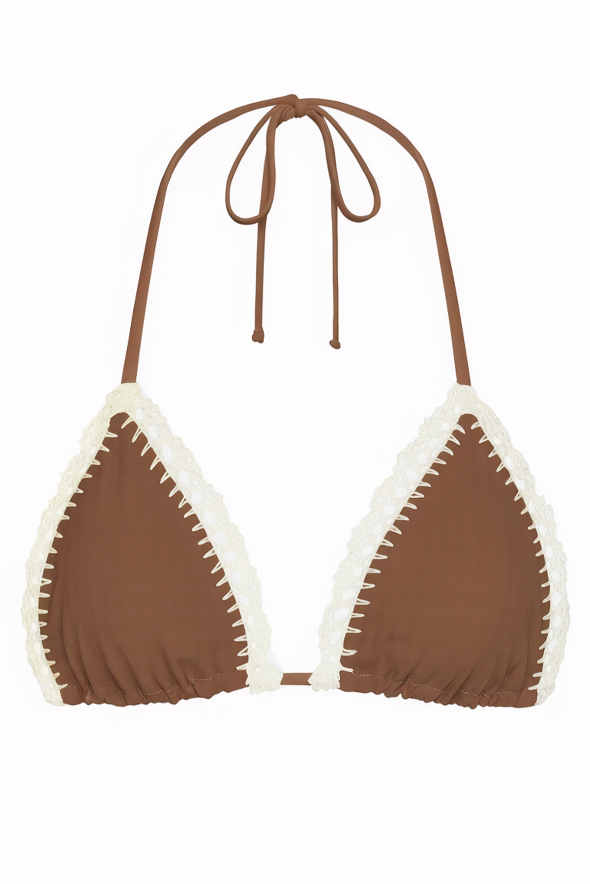 Brown and white bikini top with halter straps on a white background